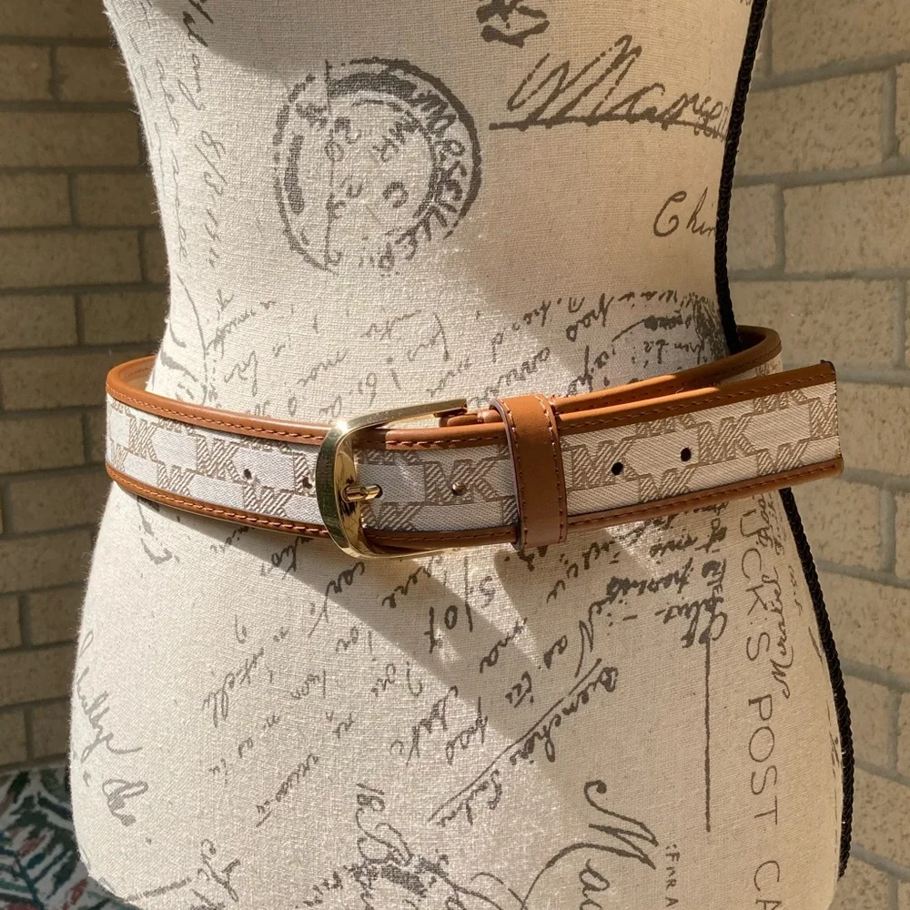 Michael Kors Leather & Cotton Brown Tan Cream MK Logo Pattern Belt Gold Hardware